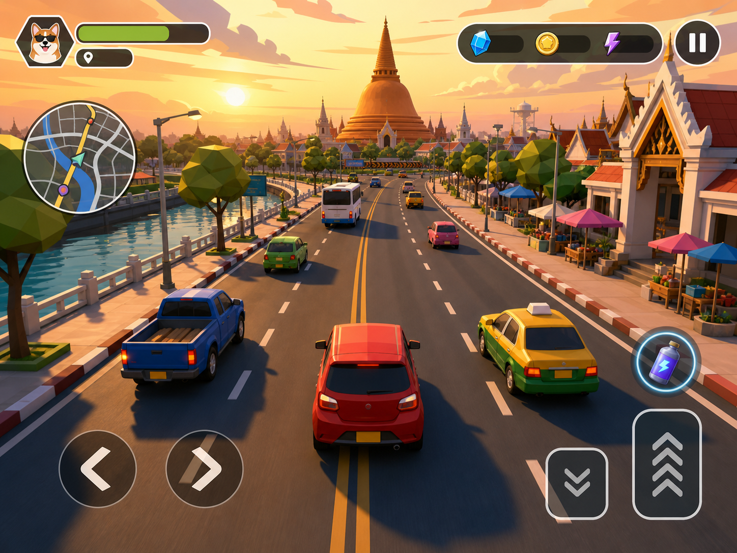 GO2JD mobile driving game with Thai-inspired low-poly city roads