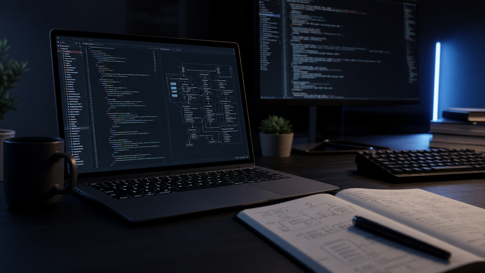 Dark workstation showing code, architecture diagrams, and engineering notes