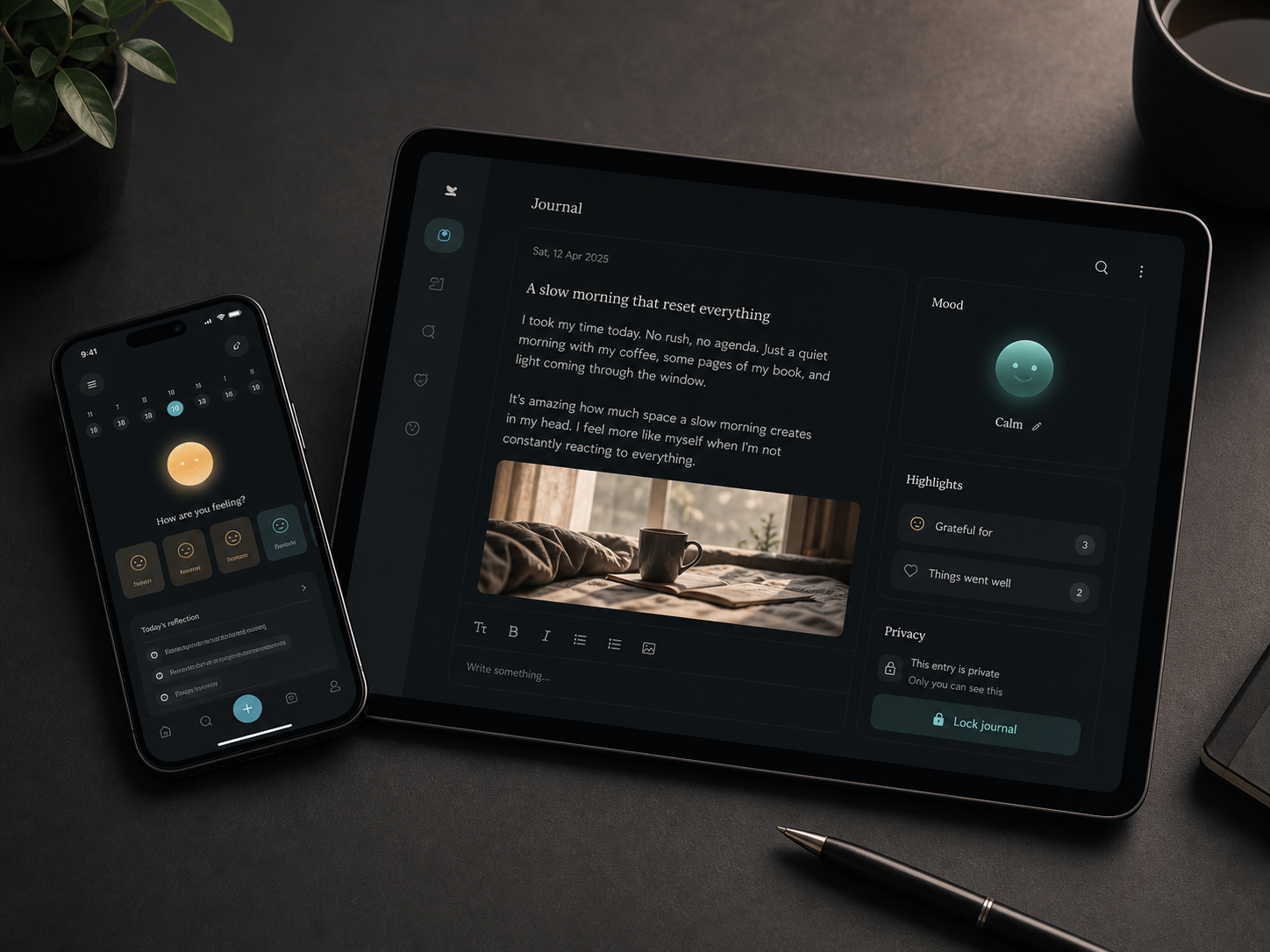 Meediary journaling app shown across phone and tablet screens